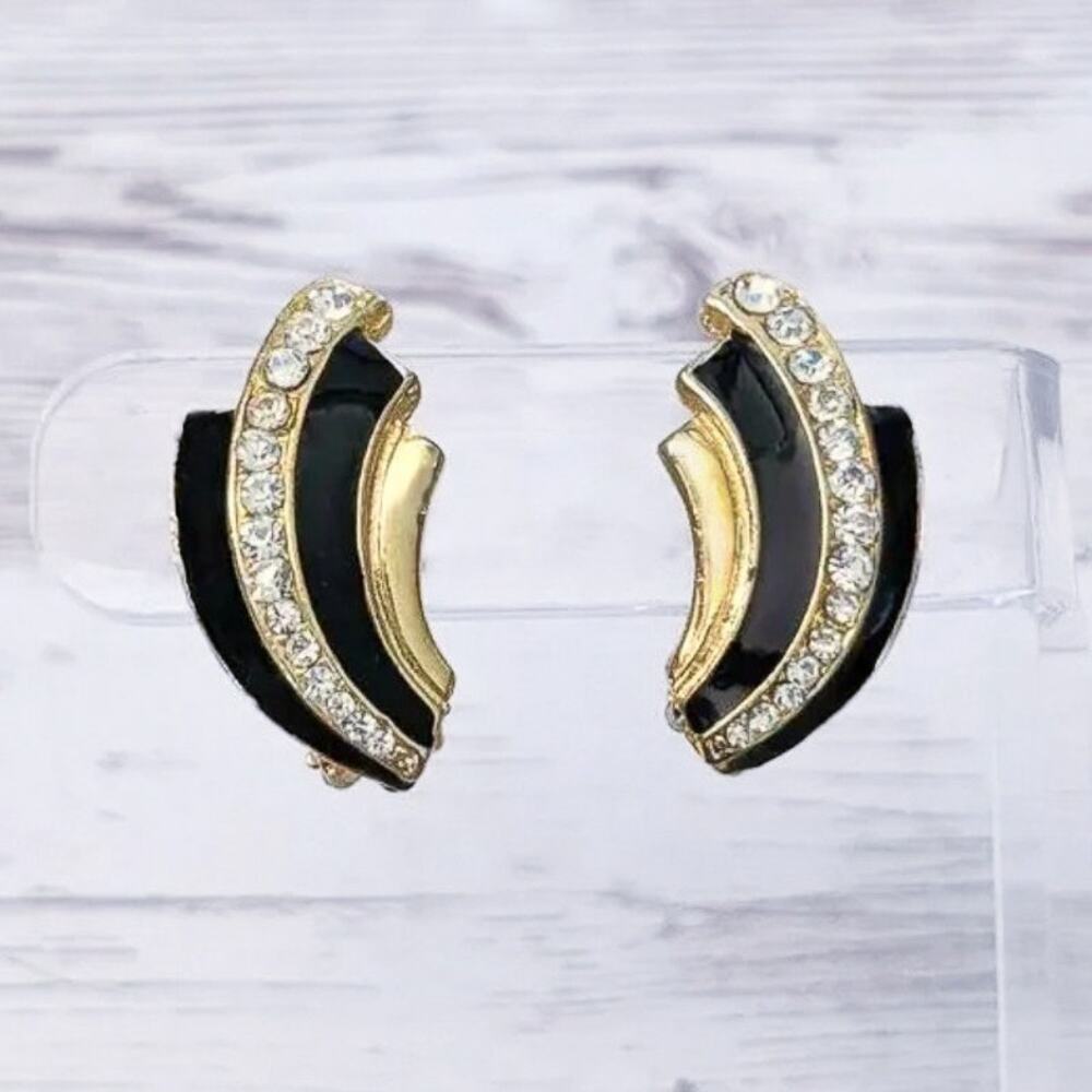 Vintage Clip On Earrings - Statement Swoosh Black, Gold Tone, Clear Gem - Signed